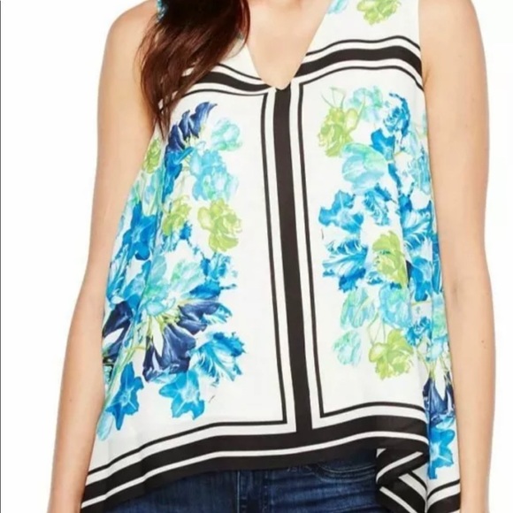 CeCe Tops - CeCe Women's Blue Tile Bloom Shark Bite Hem Chiffon Blouse
